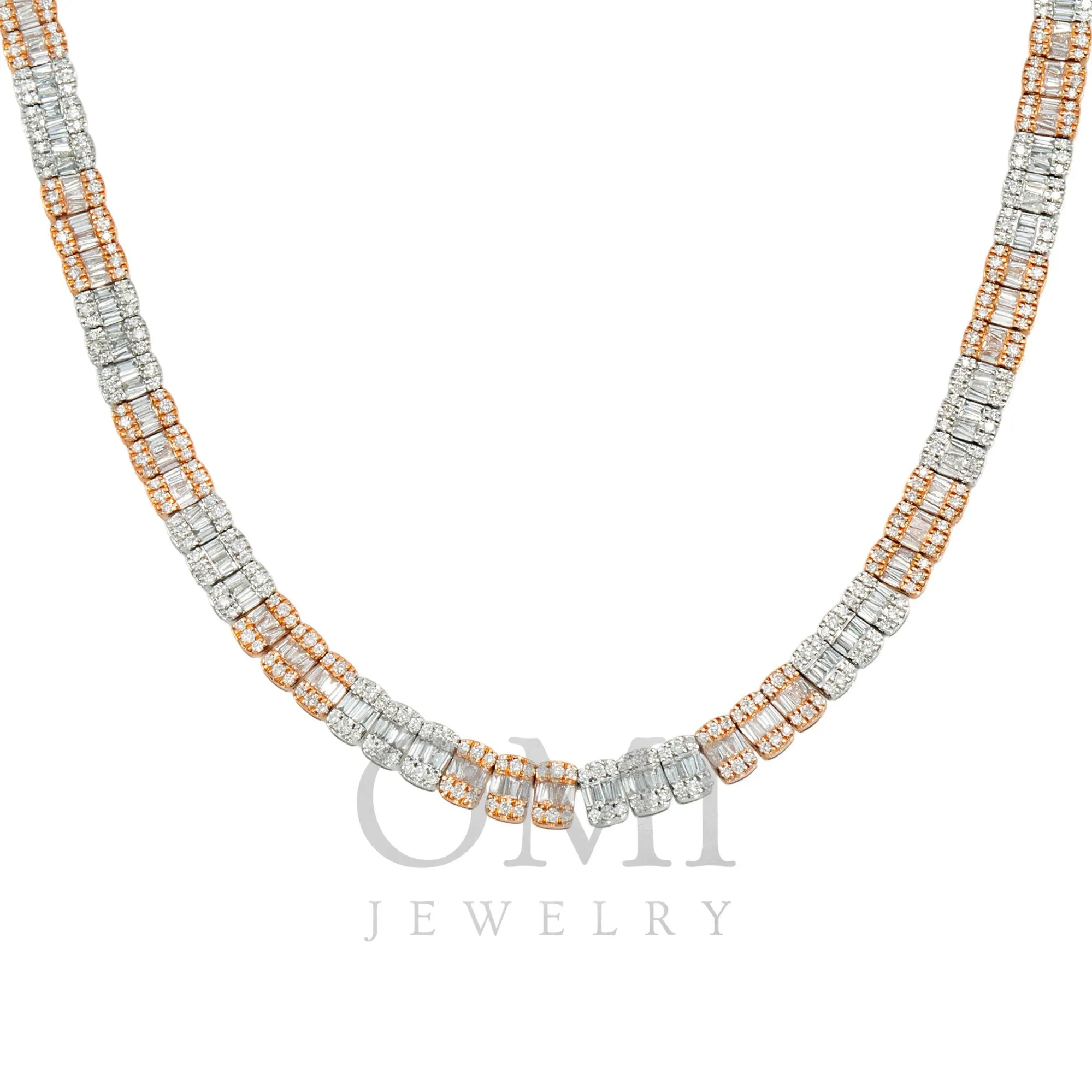 10K GOLD TRICOLOR 7MM BAGUETTE AND ROUND DIAMOND CHAIN 17.12 CT