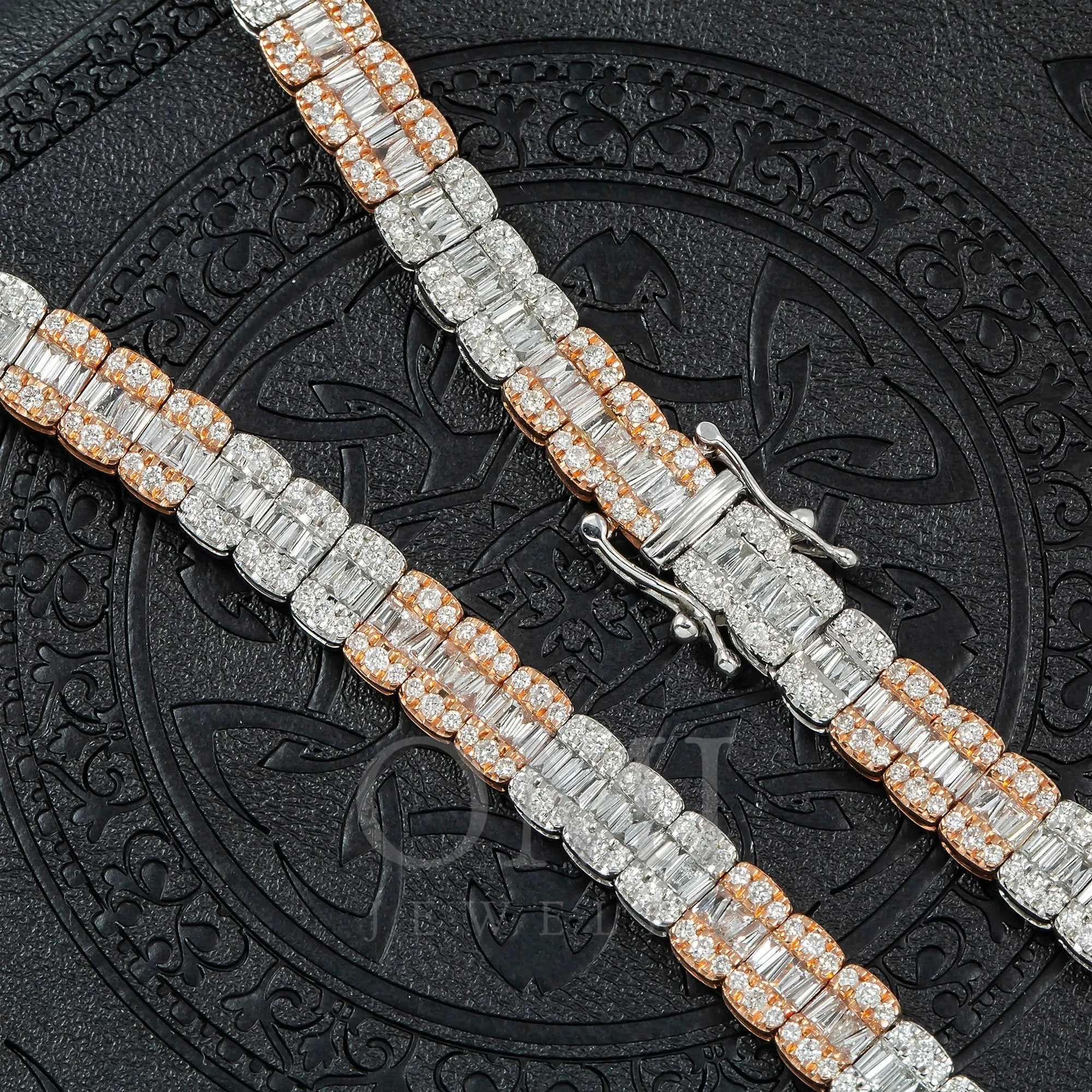 10K GOLD TRICOLOR 7MM BAGUETTE AND ROUND DIAMOND CHAIN 17.12 CT