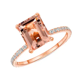 14K Gold Diamond Ring with 2.50 Carats Emerald Cut Morganite Engagement Ring