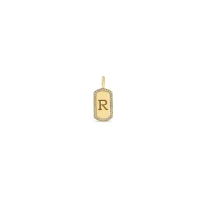 14k Single Engraved Initial X-Small Pavé Diamond Dog Tag Charm Pendant