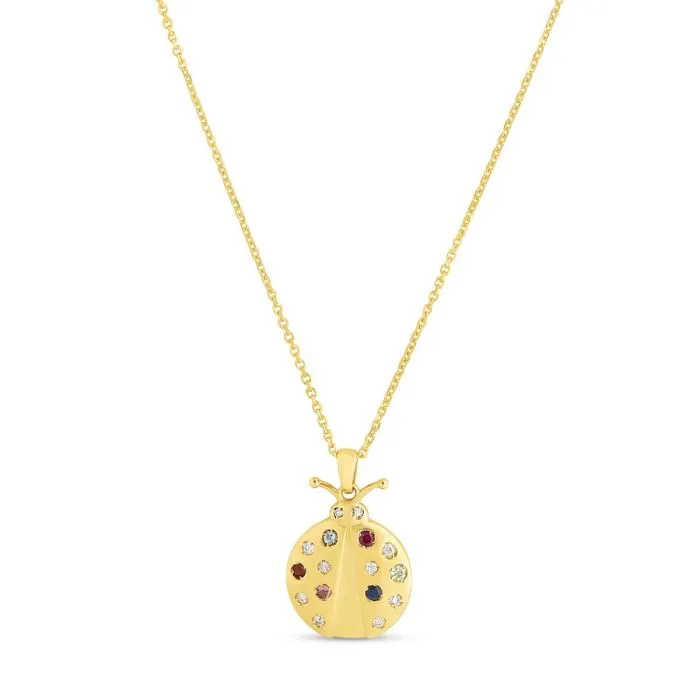 14K Yellow Gold Gemstone Inlay Ladybug Pendant Necklace - 18"