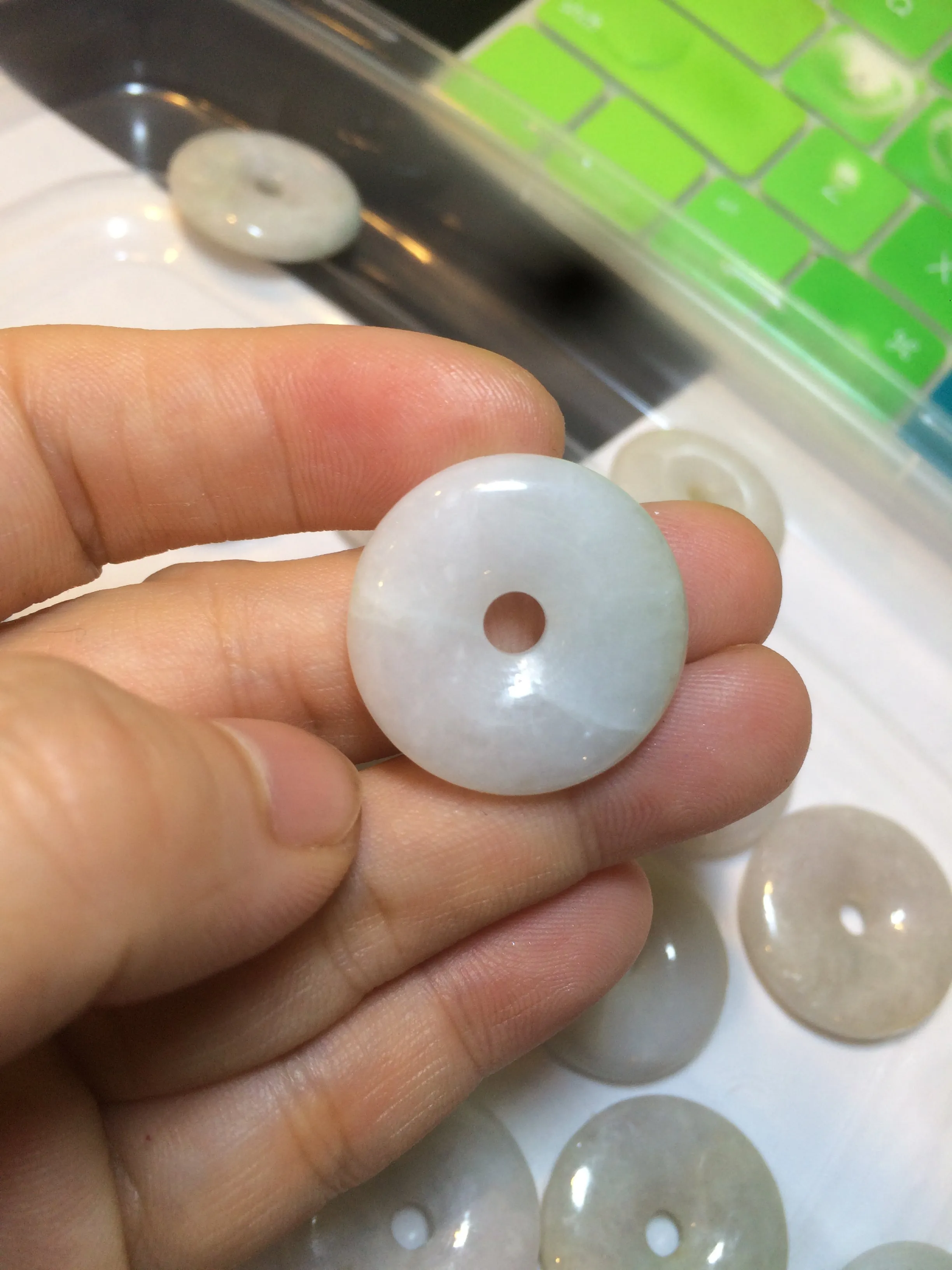 24-25mm Type A 100% Natural light green/white Jadeite Jade Safety Guardian Button donut Pendant group AJ52 (Add-on items)