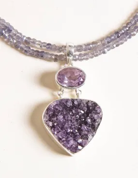 Amethyst Druzy Pendant on Beaded Iolite Necklace - One of a Kind