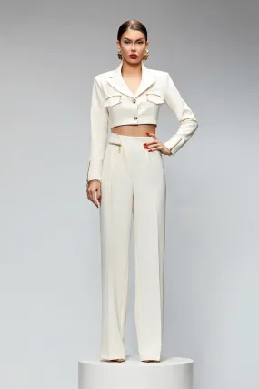 Completo tailleur bianco panna Bby giacca corta e pantaloni a gamba larga