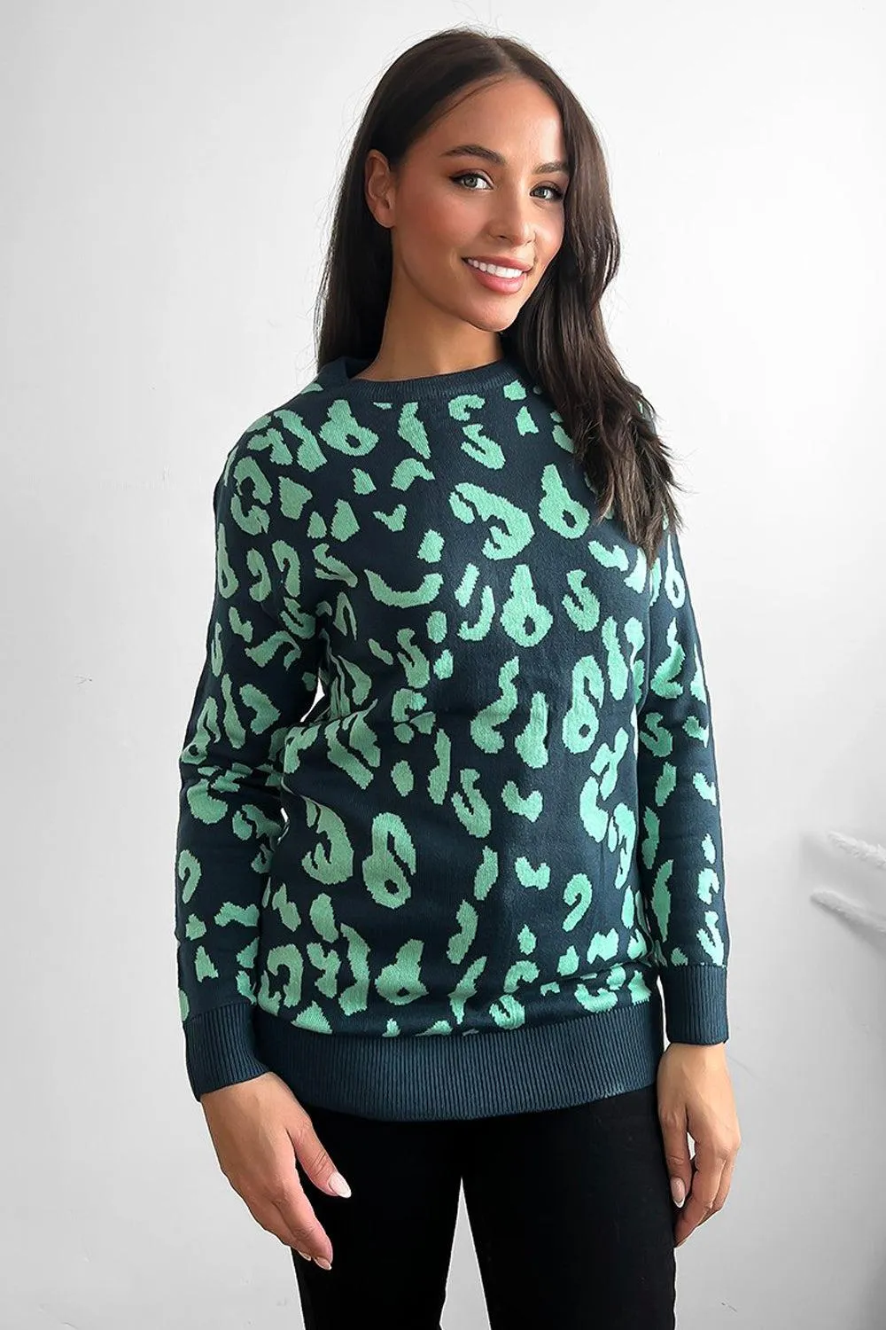 Contrast Leopard Pattern Knitted Pullover