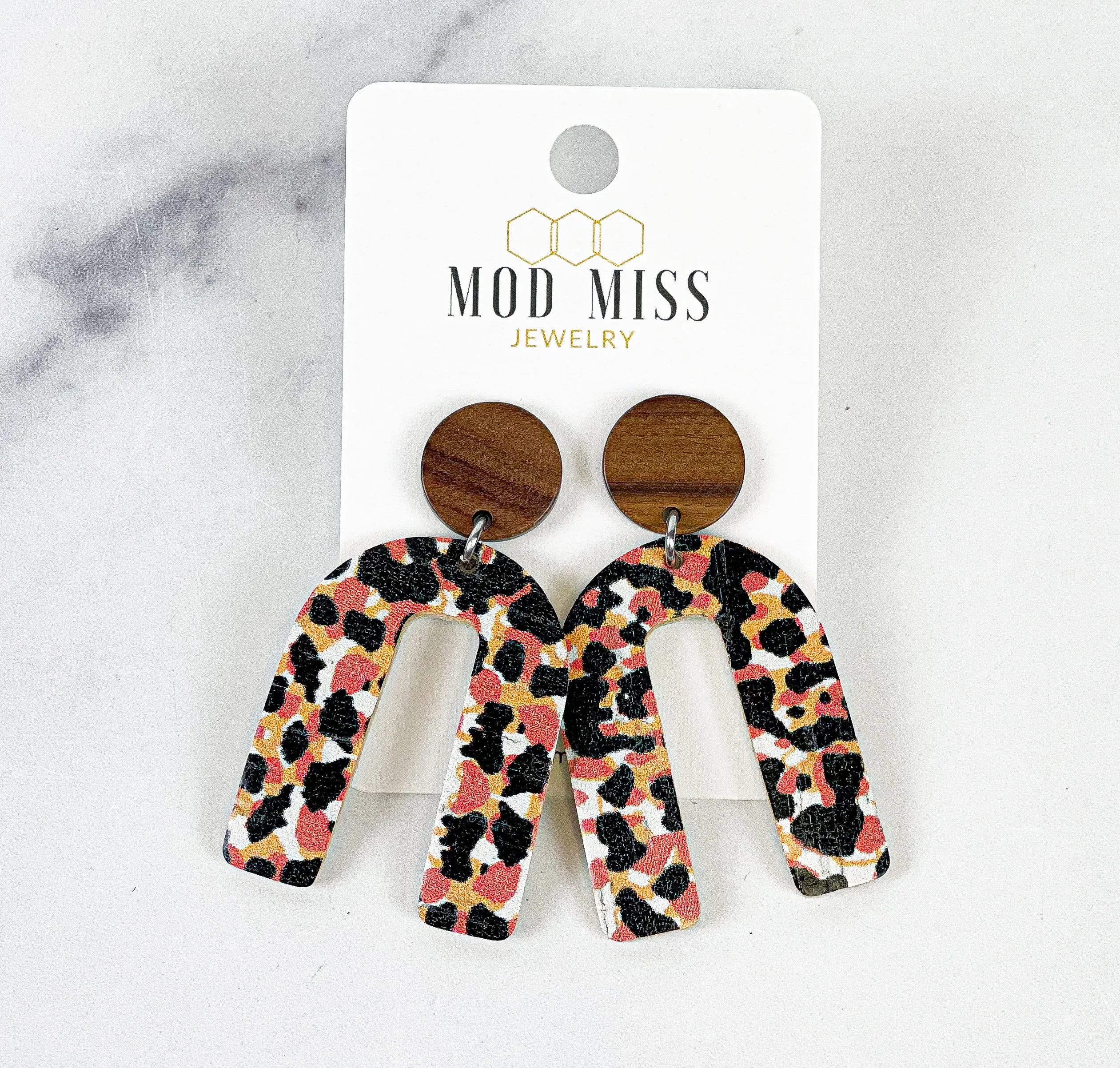 Cork Leather Arch Earring Leopard Orange