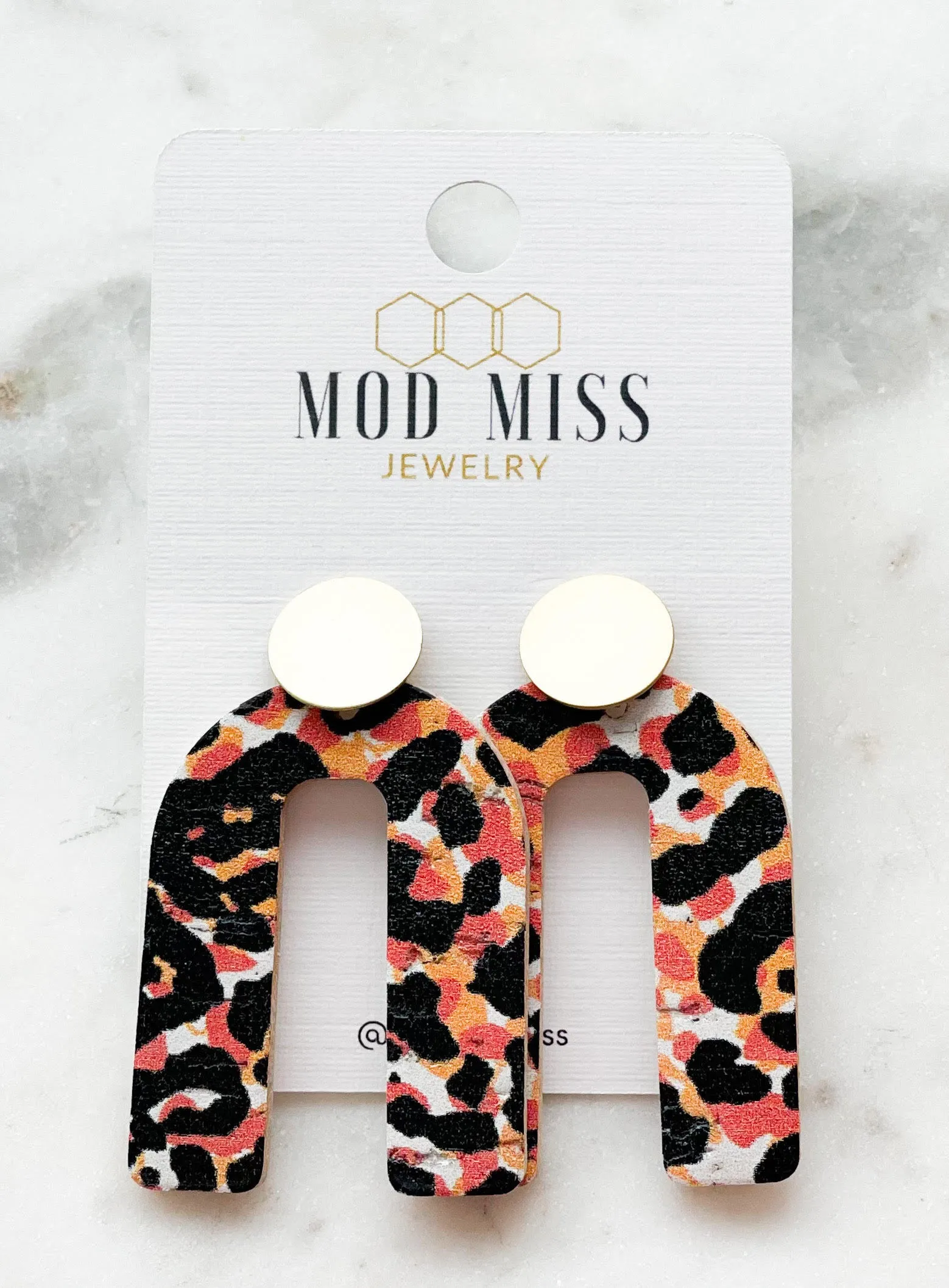 Cork Leather Arch Earring Leopard Orange