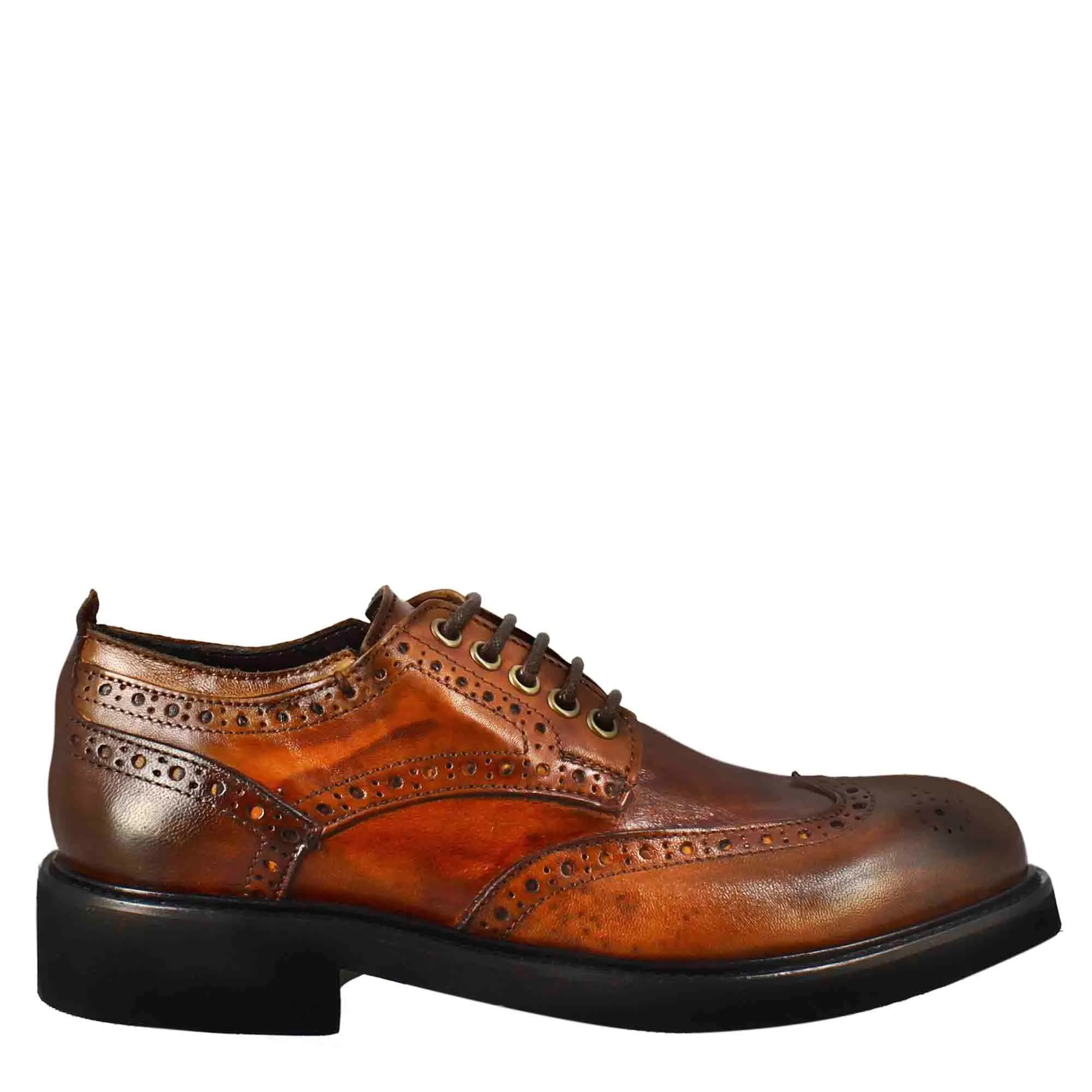 Derby da donna con dettagli brogue paupa in pelle lavata cuoio scuro