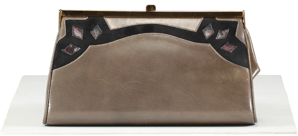 GINA Vintage Beige Taupe  / Black Leather Bag With Folding Handle And Chain Strap