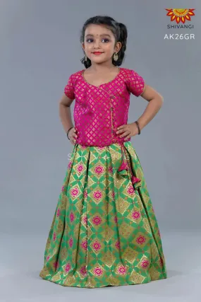 Girls Green Pink Patola Pattu pavadai