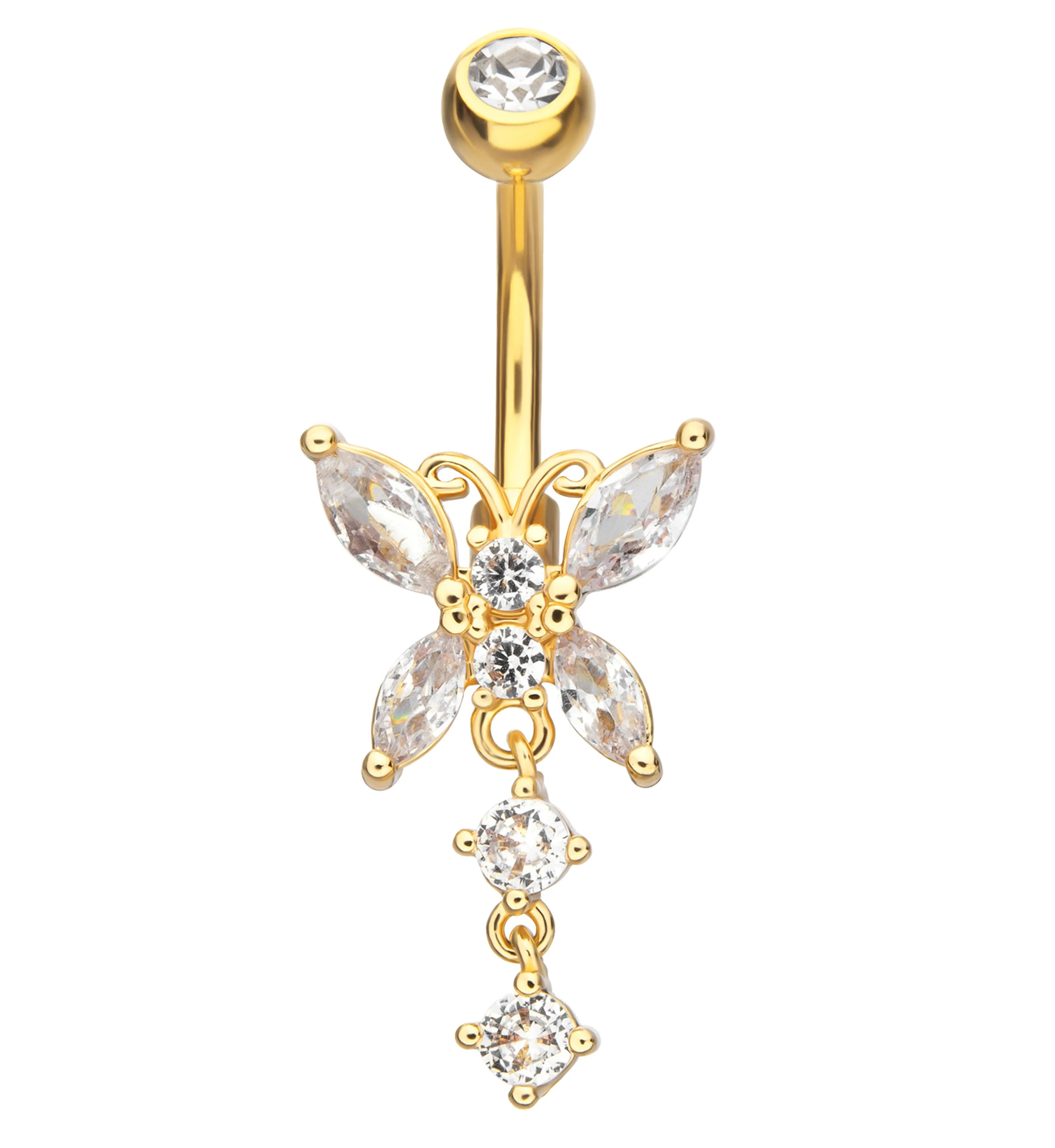 Gold PVD Fluttering Butterfly Clear CZ Dangle Stainless Steel Belly Button Ring