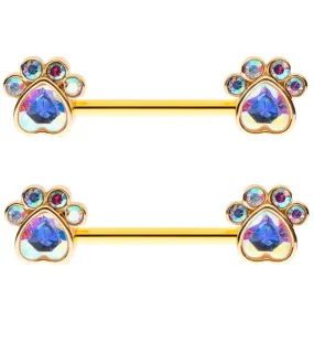 Gold PVD Paw Print Rainbow Aurora CZ Stainless Steel Nipple Barbell