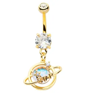 Gold PVD Star Planet Rainbow CZ Dangle Stainless Steel Belly Button Ring