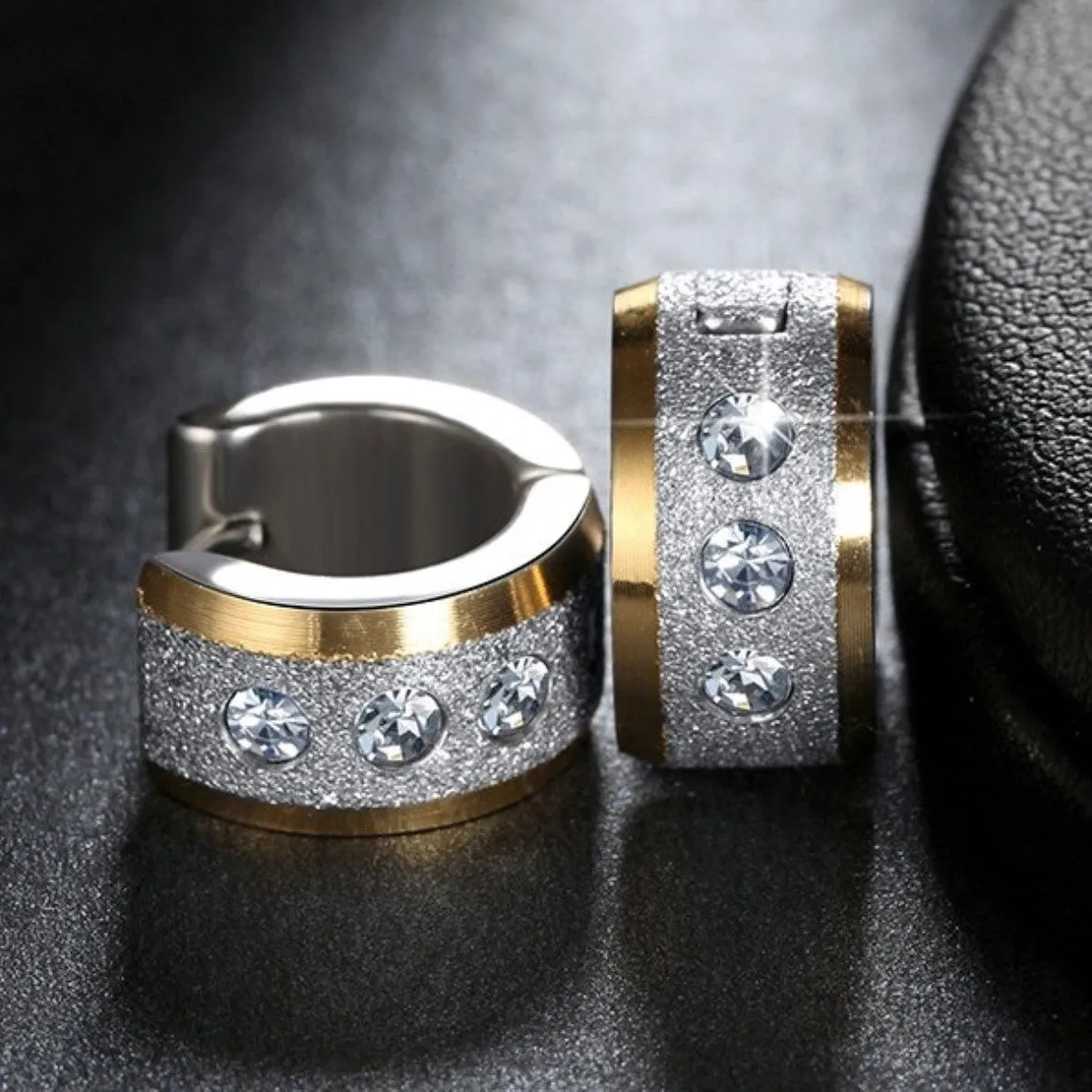 Golden Silver CZ Textured Huggy Hoop Earring