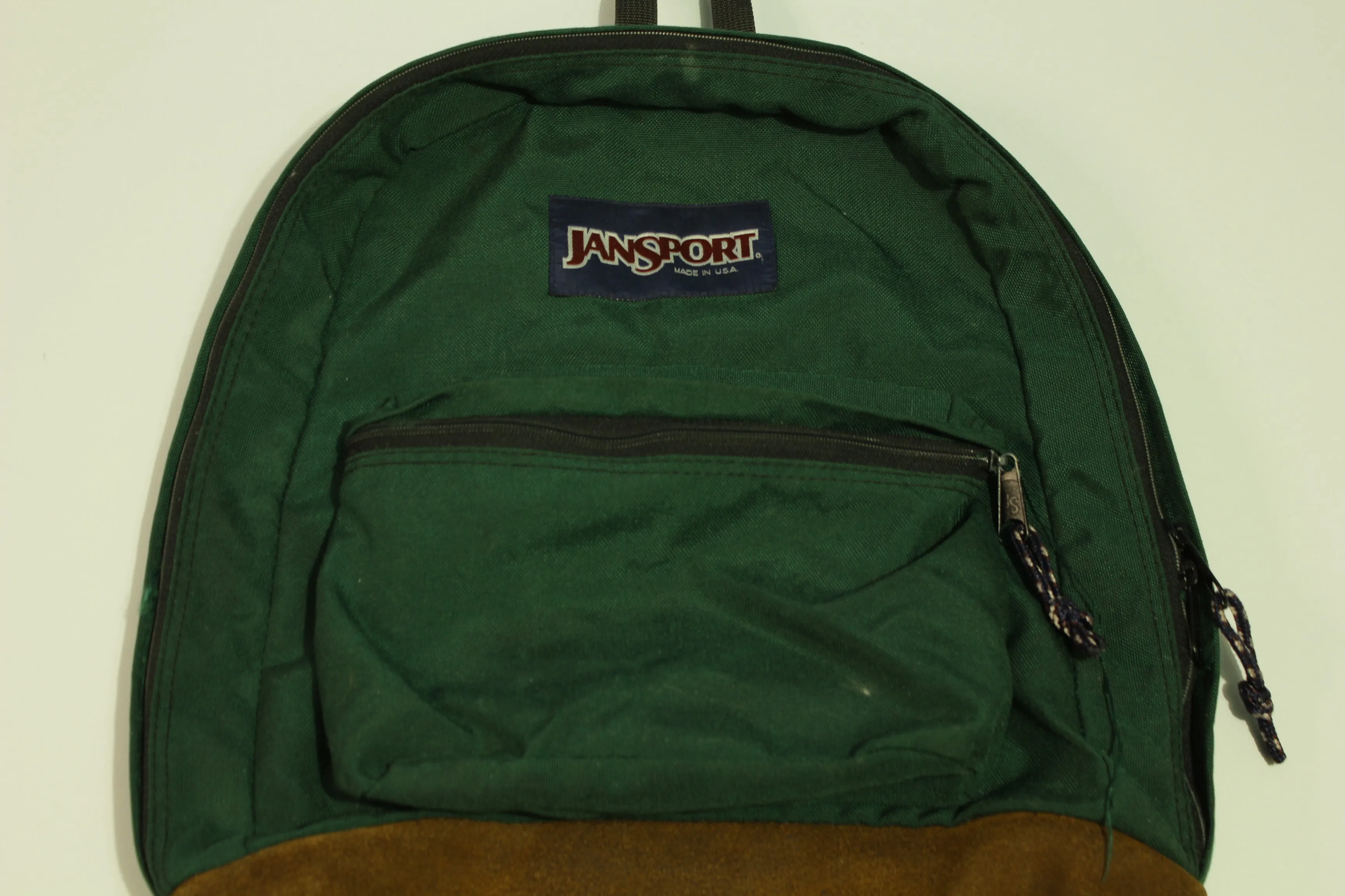 Jansport Made in USA Forest Green Suede Leather Nubuck Bottom Vintage 80's Backpack