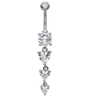 Lovestruck Triple Heart Clear CZ Dangle Stainless Steel Belly Button Ring