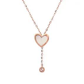 Mother of Pearl Heart And Diamond Drop Lariat Necklace