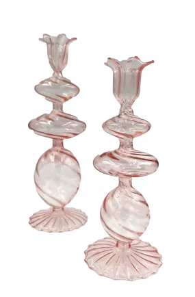 Pink Swirl Glass Candlestick - (two sizes)