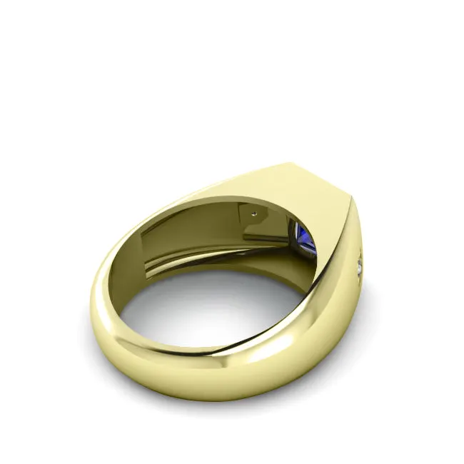 Ring for Man with Gemstone 2.40ct Blue Sapphire and Diamond Accents in 10k Solid Gold Virgo Jewelry