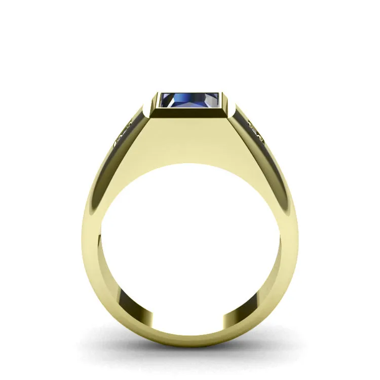 Ring for Man with Gemstone 2.40ct Blue Sapphire and Diamond Accents in 10k Solid Gold Virgo Jewelry