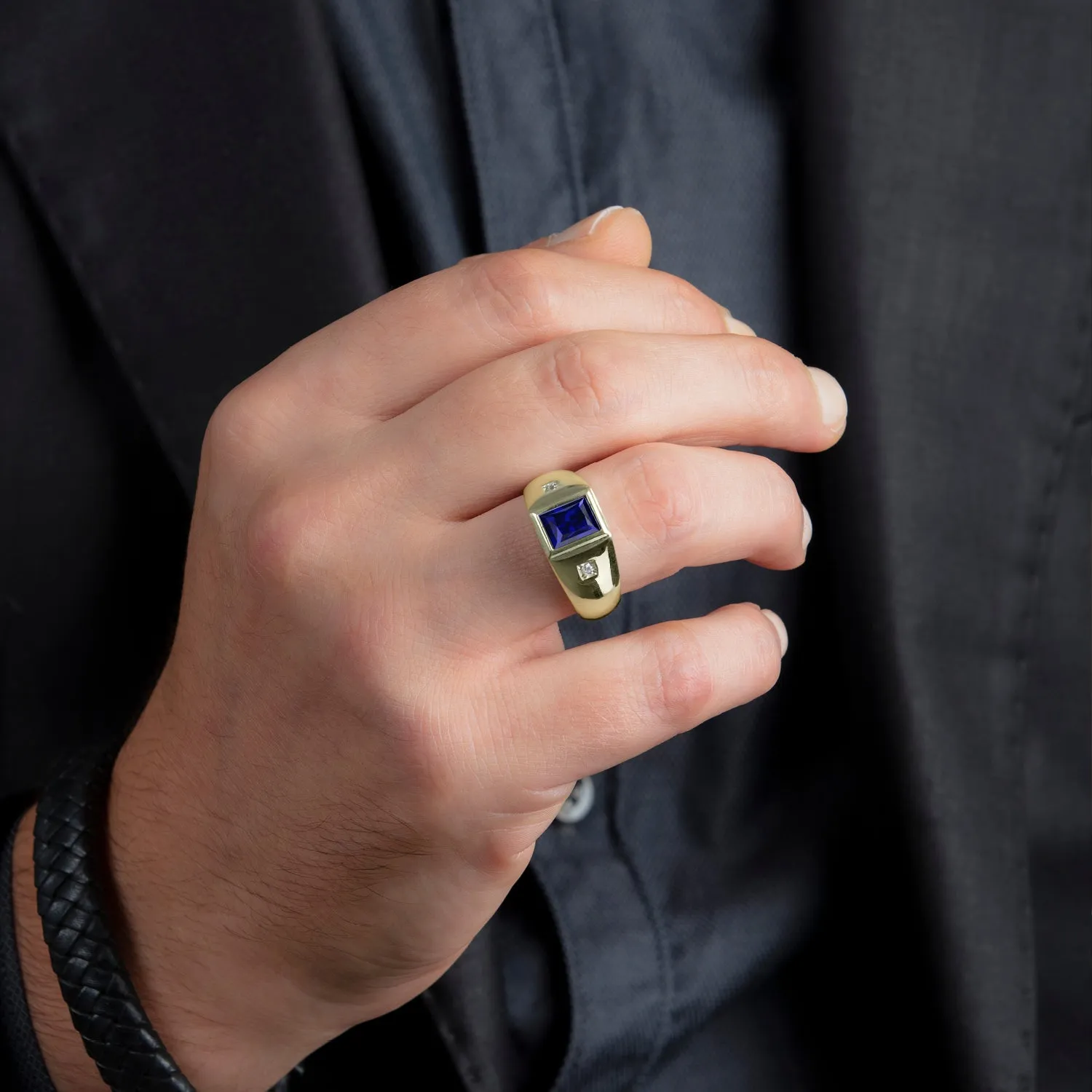 Ring for Man with Gemstone 2.40ct Blue Sapphire and Diamond Accents in 10k Solid Gold Virgo Jewelry