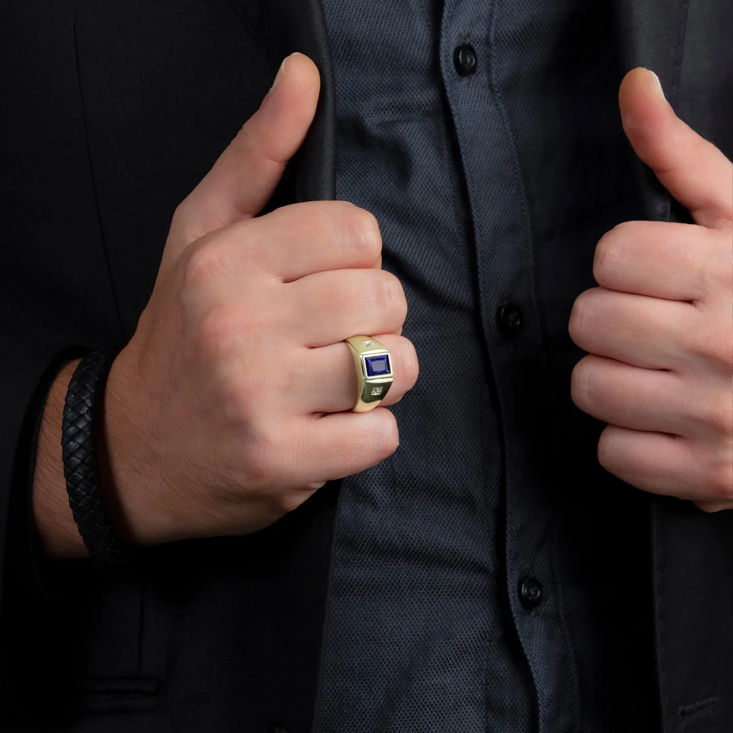 Ring for Man with Gemstone 2.40ct Blue Sapphire and Diamond Accents in 10k Solid Gold Virgo Jewelry