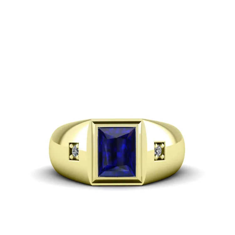 Ring for Man with Gemstone 2.40ct Blue Sapphire and Diamond Accents in 10k Solid Gold Virgo Jewelry