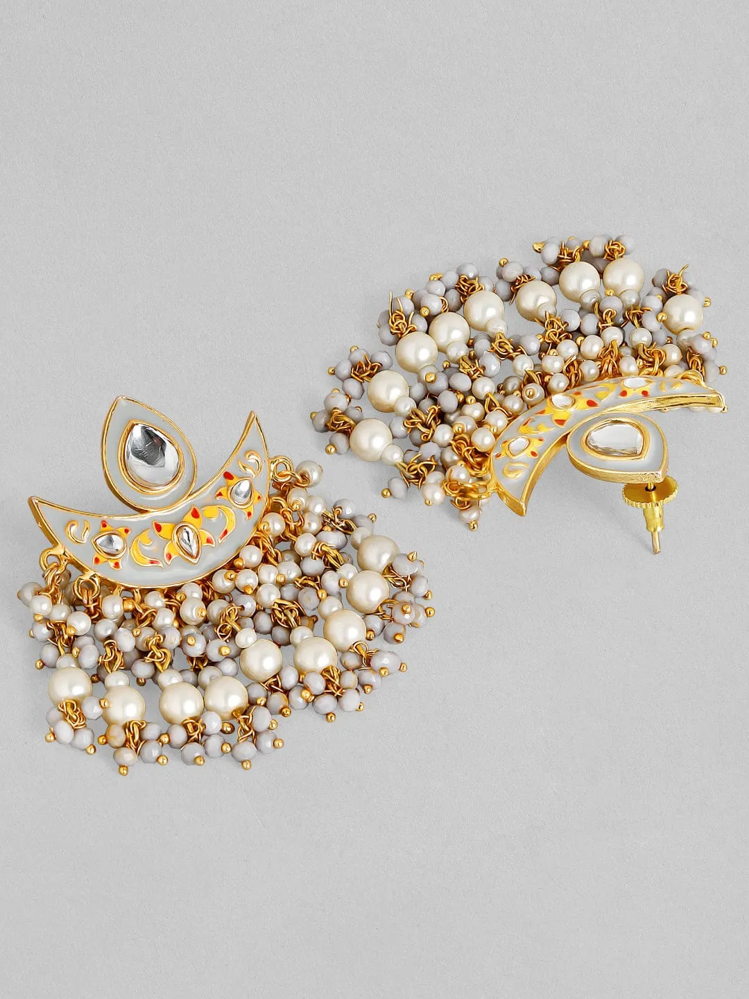 Rubans 24K Gold Plated Handcrafted Kundan & Enamel with White Pearls Chand Bali Earrings