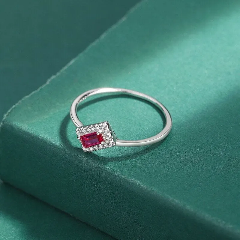 Ruby Pink Baguette Silver Ring