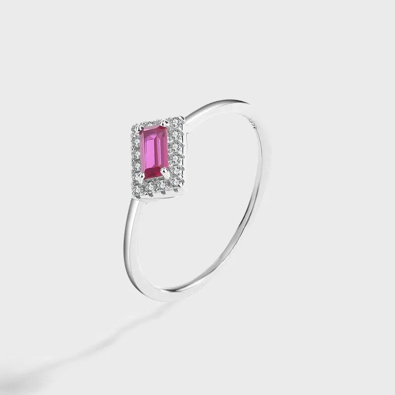 Ruby Pink Baguette Silver Ring