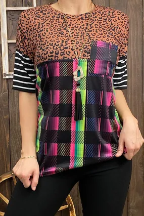 S, M, L, XL Colorful Plaid & Leopard on Top with Stripe Short Sleeves