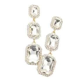 Triple Emerald Cut Stone Link Dangle Evening Earrings