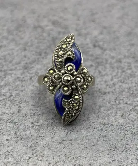 【USA輸入】ヴィンテージ スターリングシルバー ブルー マーカサイト リング/Vintage Sterling Blue Marcasite Bijou Ring