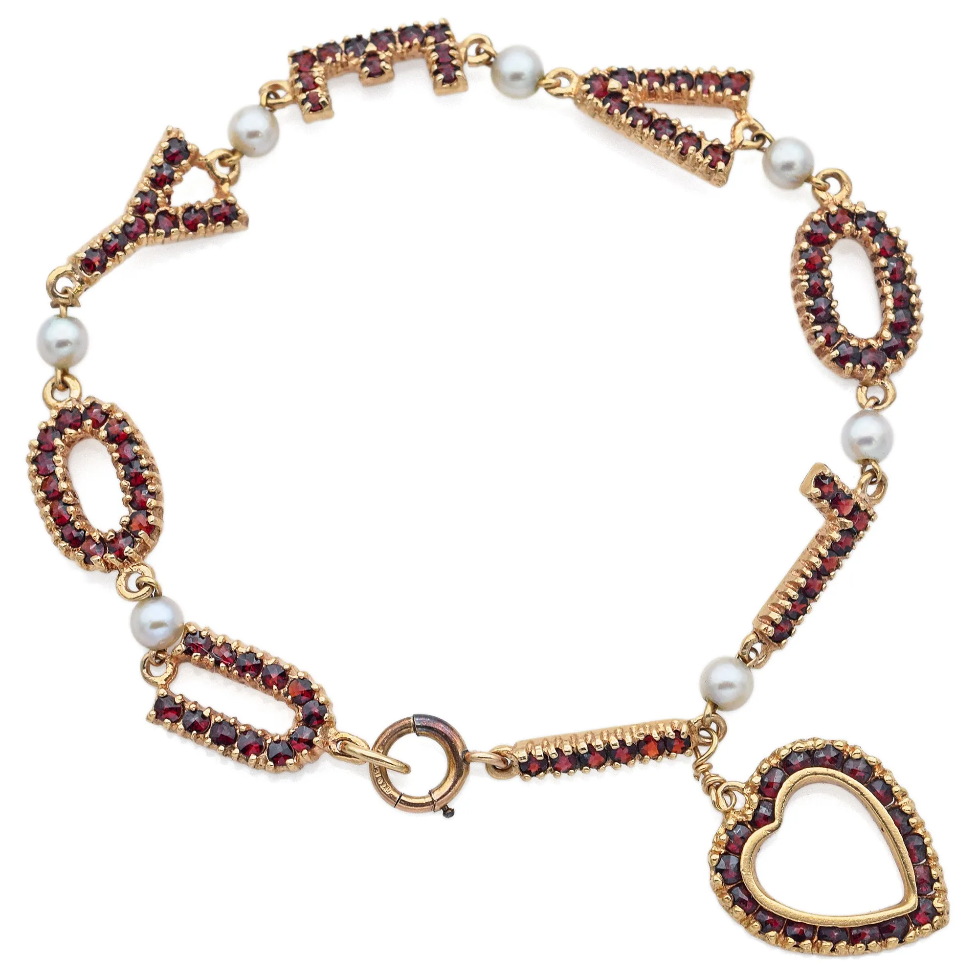 Vintage 13K Yellow Gold Garnet & Pearl I Love You Link Bracelet