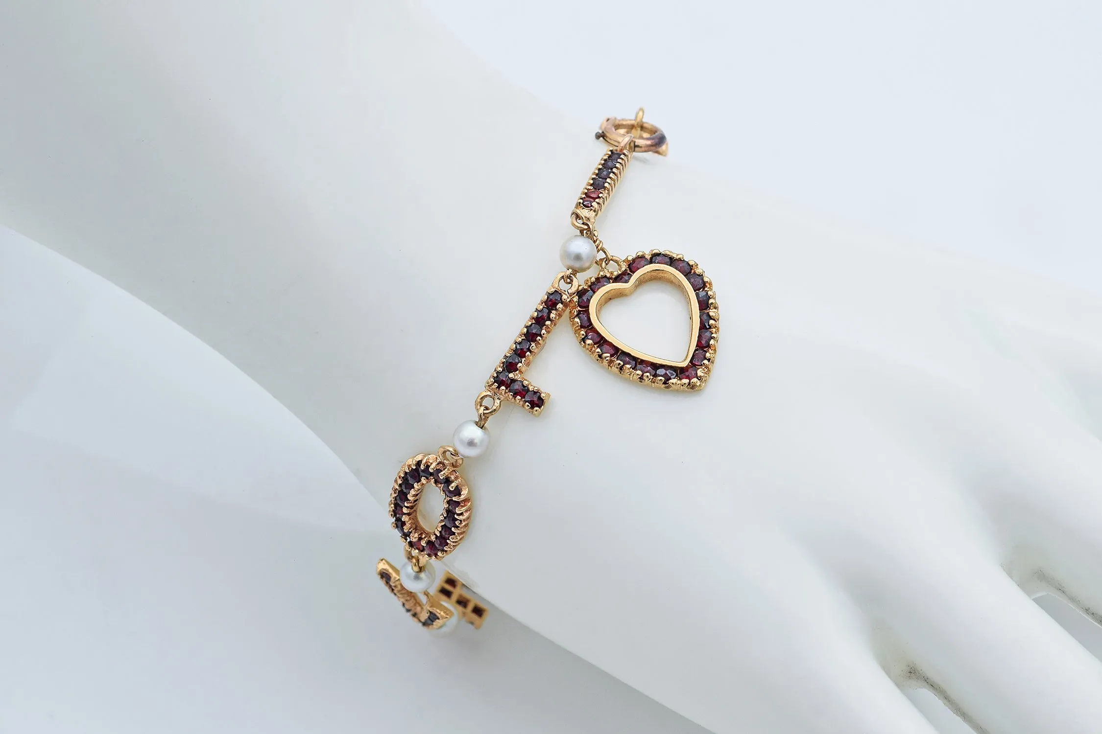 Vintage 13K Yellow Gold Garnet & Pearl I Love You Link Bracelet