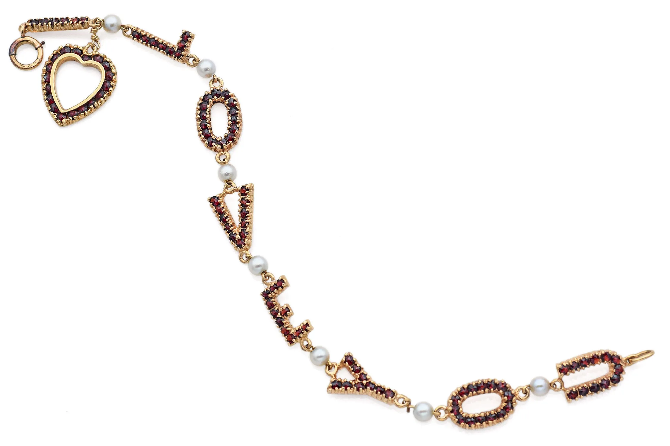 Vintage 13K Yellow Gold Garnet & Pearl I Love You Link Bracelet