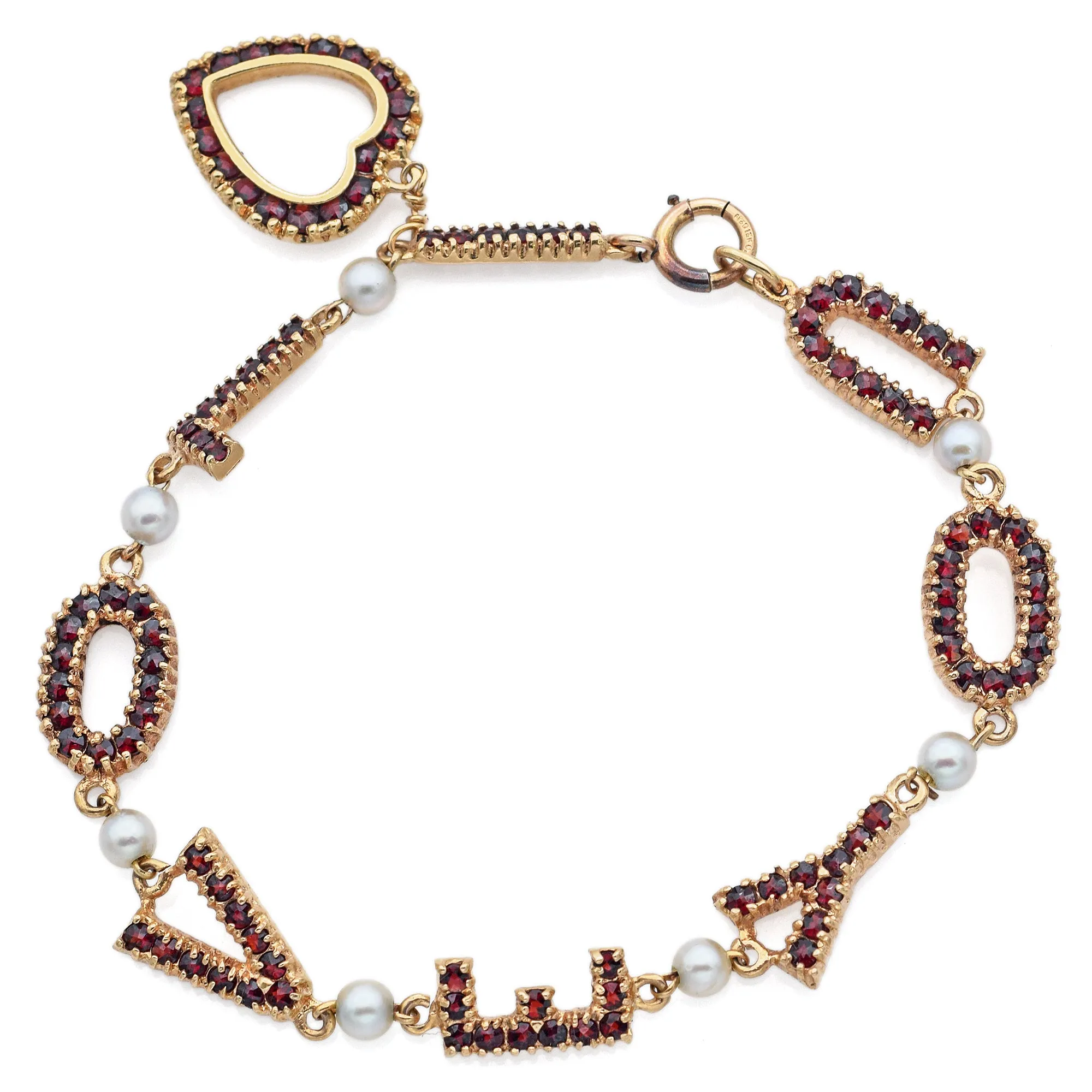 Vintage 13K Yellow Gold Garnet & Pearl I Love You Link Bracelet