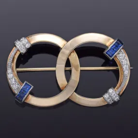 Vintage 14K Gold Sapphire & 0.40 TCW Diamond Interlocking Circle Brooch Pin 9.8G